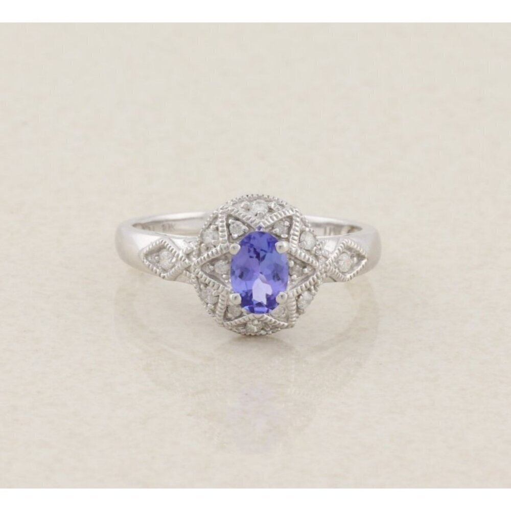 10k White Gold Natural Tanzanite & Diamond Ring Size 8 3/4